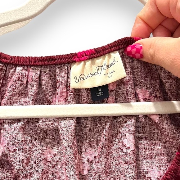 Universal Thread | Maroon Floral Puffed Long Sleeve Tie Front Blouse Size Medium - Picture 6 of 12